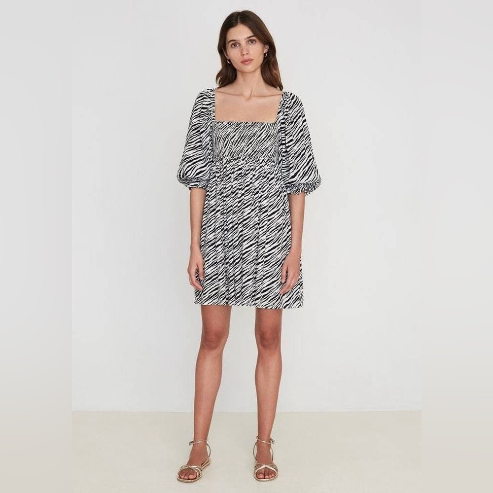 Faithfull The Brand Alina Smocked Puff Sleeve Animal Print Zebra Dress